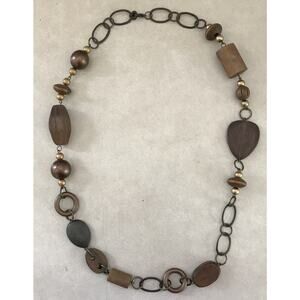 Icing Natural Dark Wood Beaded Metal Bronze Chain Hippy Boho Long Necklace
